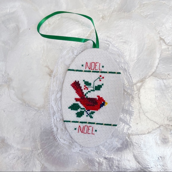 Mini Cross Stitch Red Cardinal NOEL Ornament - Picture 4 of 6
